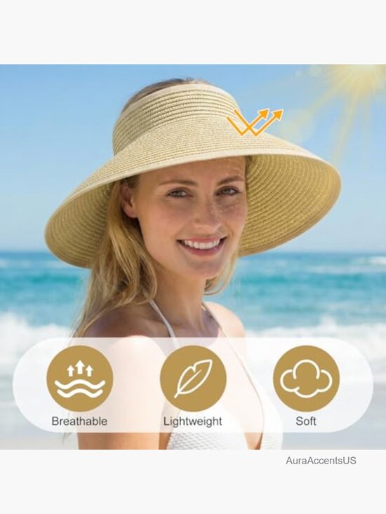 4 Pack Straw Sun Visor Hats Wide Brim Packable Beach Hats Ponytail Friendly main image 4